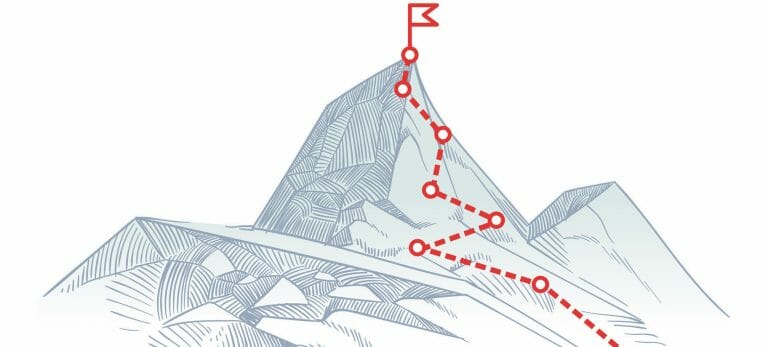 Mountain climbing route to peak. Business journey path in progress to success vector concept. Mountain peak, climbing route to top rock illustration