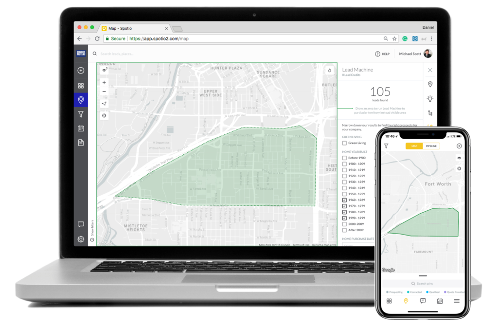 SPOTIO's lead machine features. Compatible on both mobile and desktop devices. 