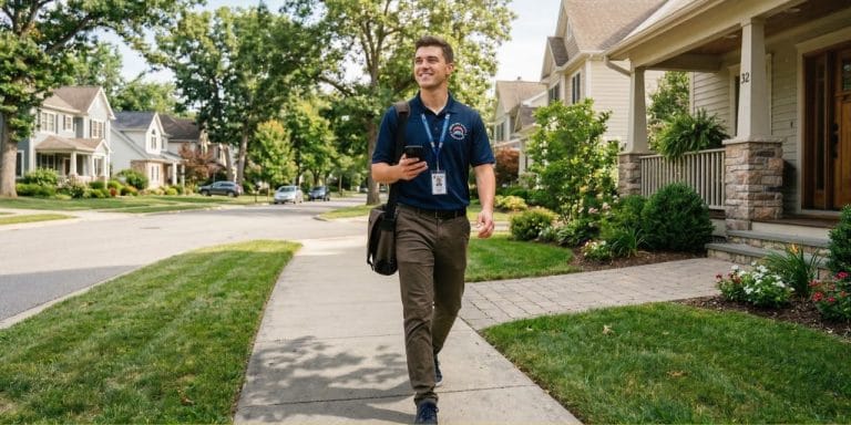 A field sales rep canvassing a neighborhood