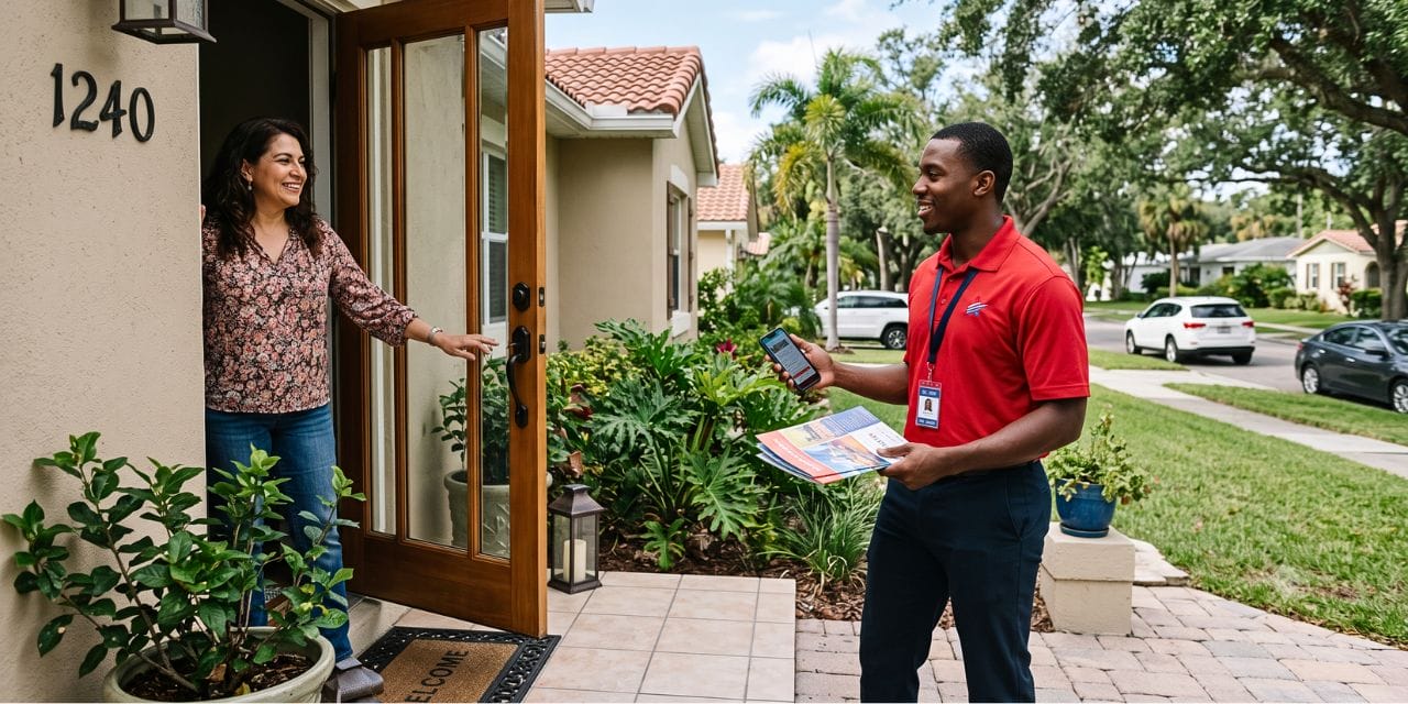 Home improvement sales rep at homeowner door