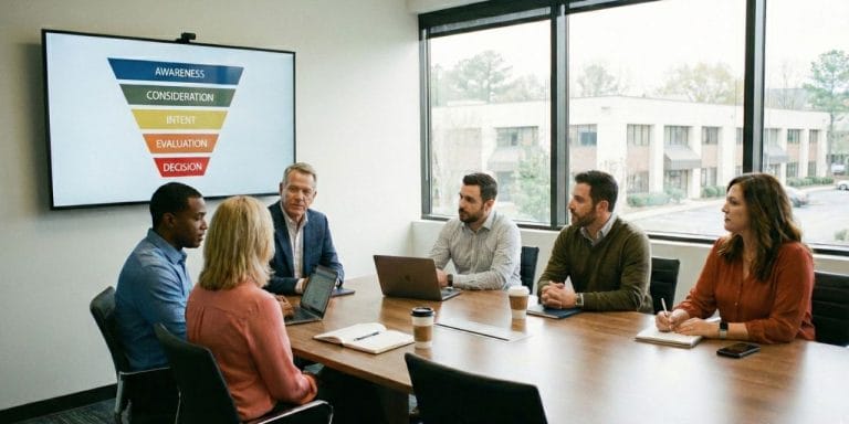 B2b sales team looking at a display with a sales funnel