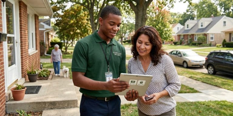 A home security sales rep demonstrating a system to a homeowner