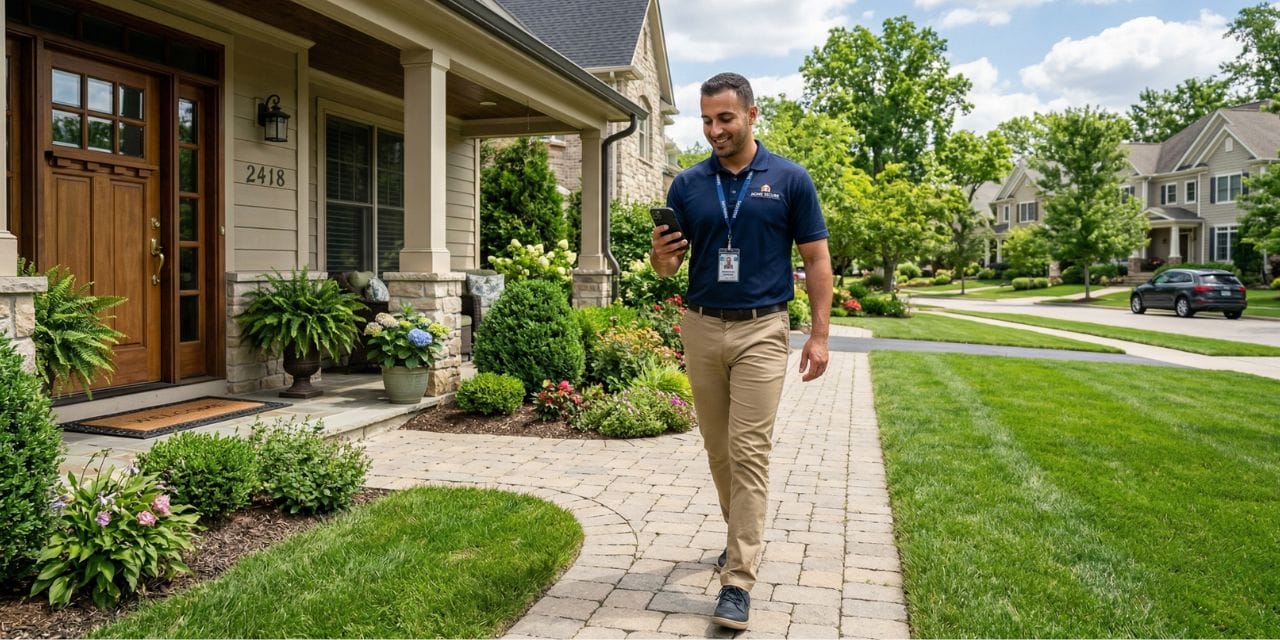 Door to door sales rep making notes on a door knocking app