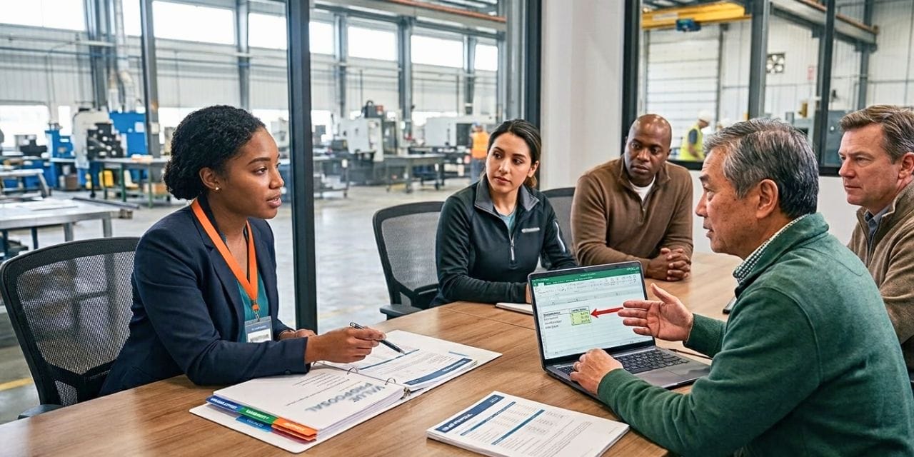 Manufacturing sales rep presenting a value proposal to plant stakeholders during a conference room meeting on the factory floor