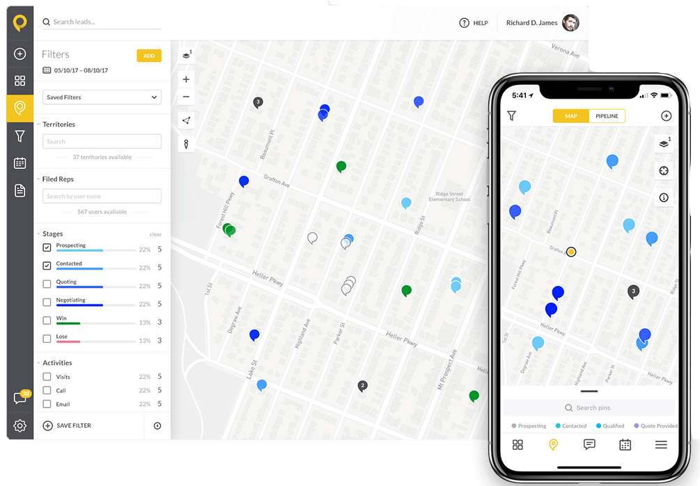 SPOTIO desktop and mobile views showing prospect pins on a street-level map with pipeline stages and activity filters for visits, calls, and emails — the same territory data visible on both screens