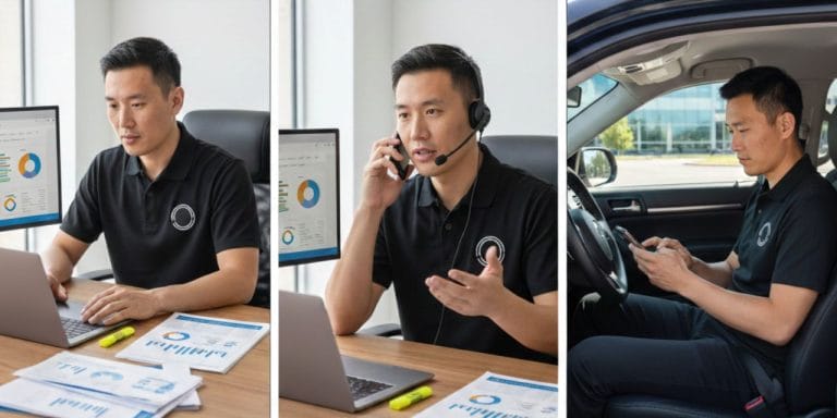 Sales rep shown in three roles: reviewing analytics at a desk, on a call with a headset, and checking mobile in a car — illustrating sales enablement, engagement, and execution.