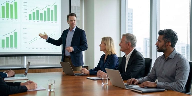 field sales operator playbook - operator presenting field sales revenue metrics to PE board members in executive boardroom