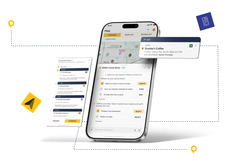 SPOTIO mobile app with DASH AI planning a route, a Next Best Action list, and a lead record
