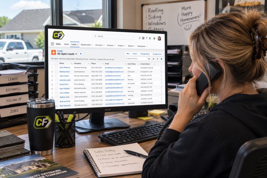 Field sales leader at computer with SPOTIO ContractorFlow Integration