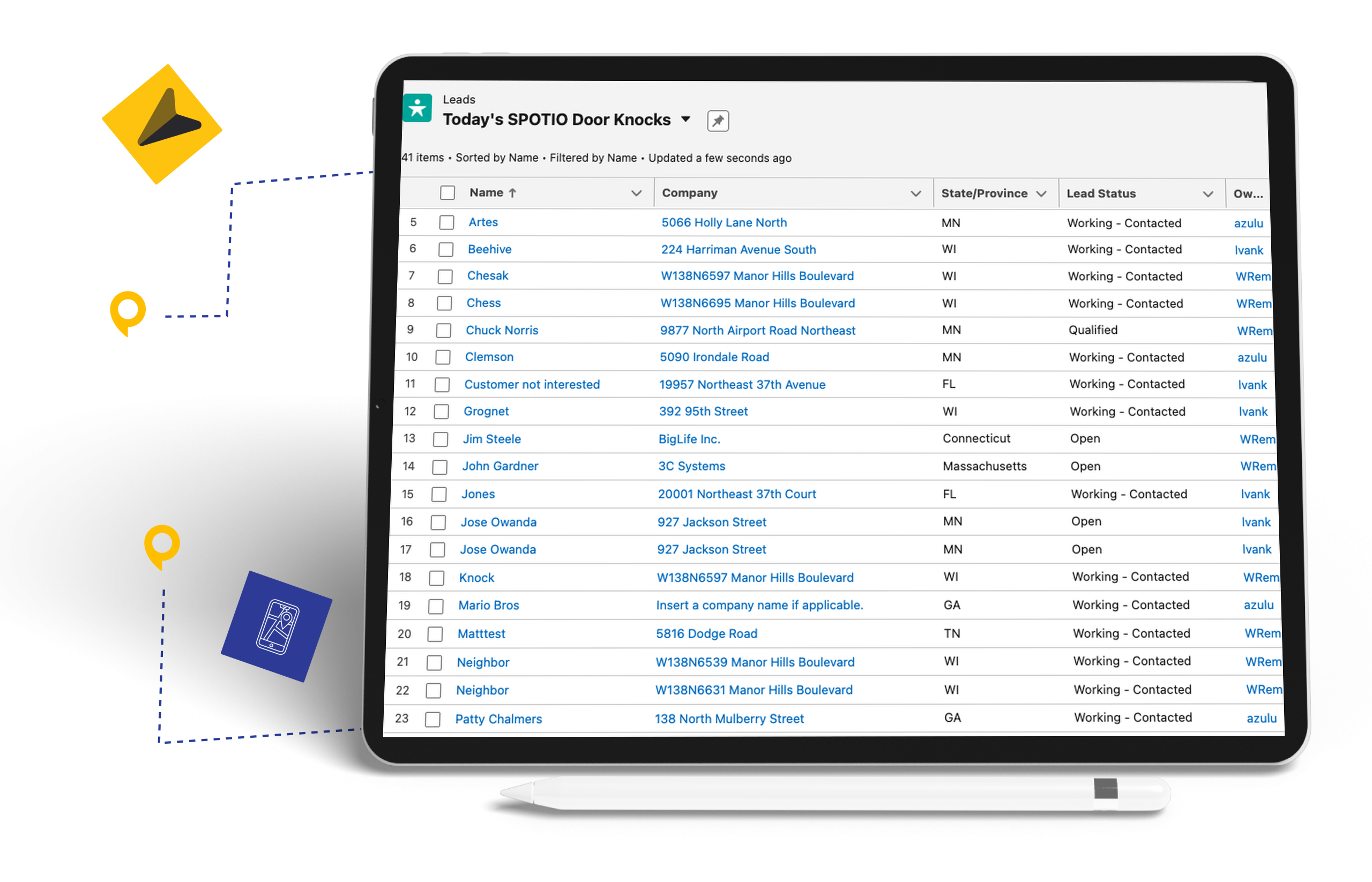 Tablet showing SPOTIO door knocks in Contractorflow